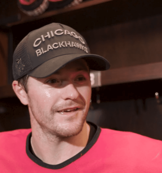 Chicago Blackhawks forward Ryan Donato speak with the media.